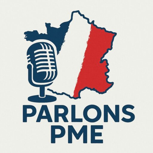 Logo du podcast Parlons PME représentant un micro et une carte de la France aux couleurs bleu blanc rouge.