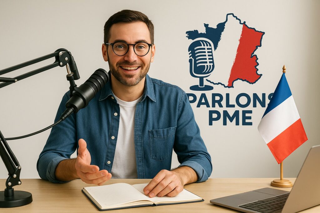 Photo d’un podcasteur en studio parlant du podcast Parlons PME, avec un micro professionnel, le logo Parlons PME et un drapeau français en arrière-plan.