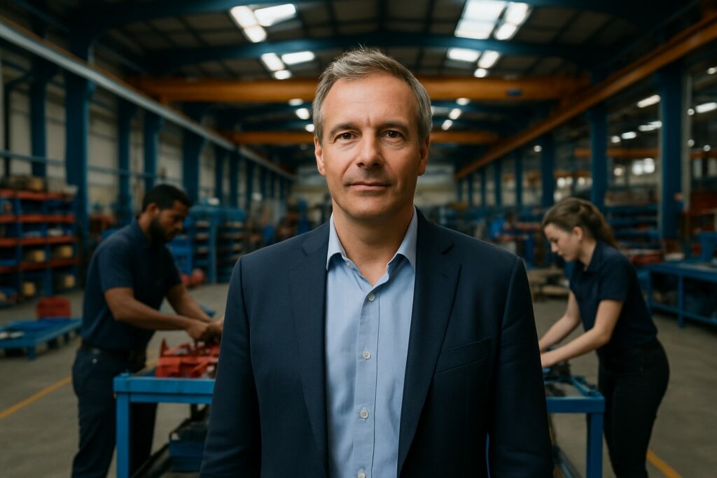 Dirigeant de PME dans un atelier industriel, en ambiance terrain