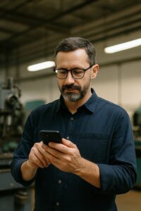 Dirigeant de PME utilisant son smartphone dans un atelier industriel