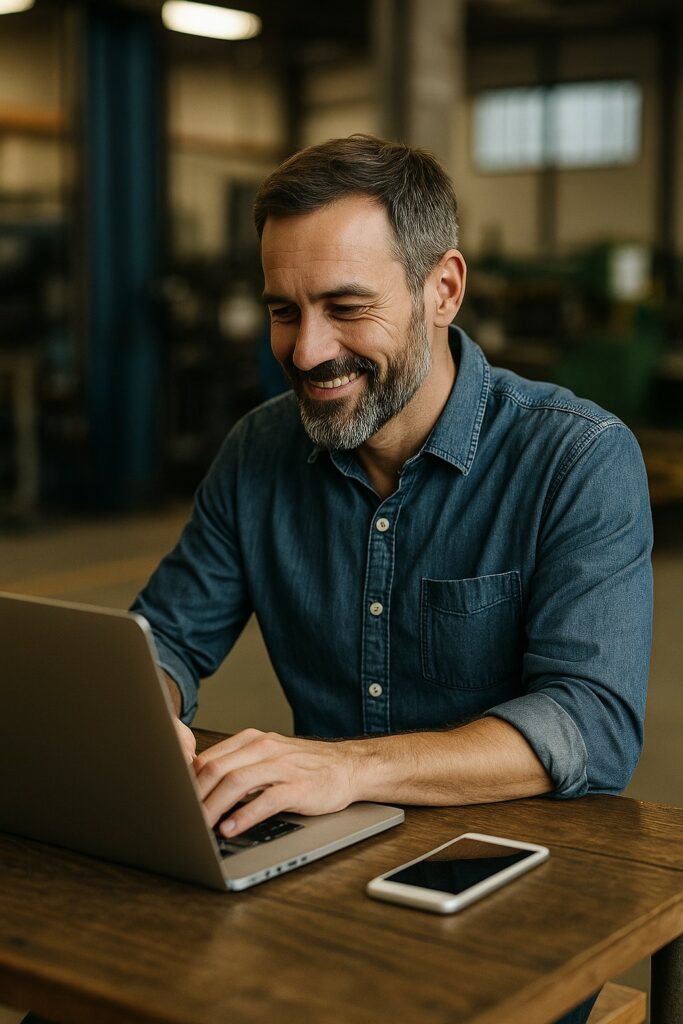 Dirigeant de PME utilisant un ordinateur dans un atelier industriel