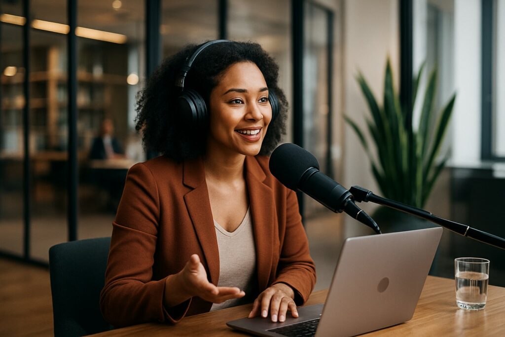 Animatrice de podcast parlant devant un micro dans un studio professionnel