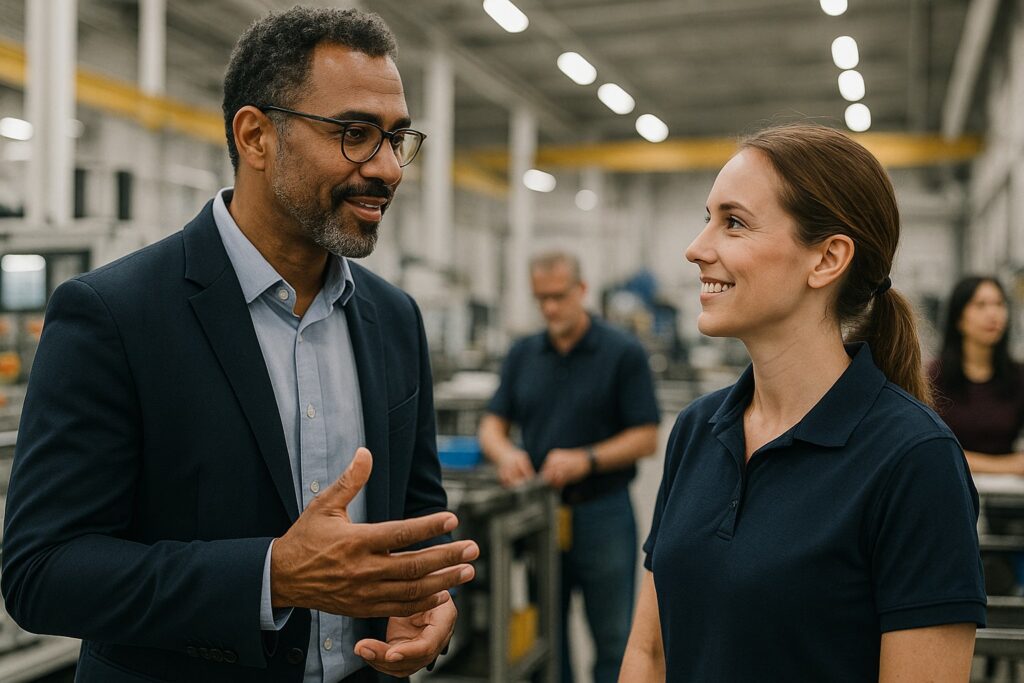 Équipe de PME en discussion dans un atelier industriel