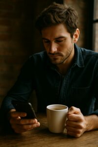 Lecture sur smartphone au café Personne lisant son smartphone dans un café, ambiance chaleureuse